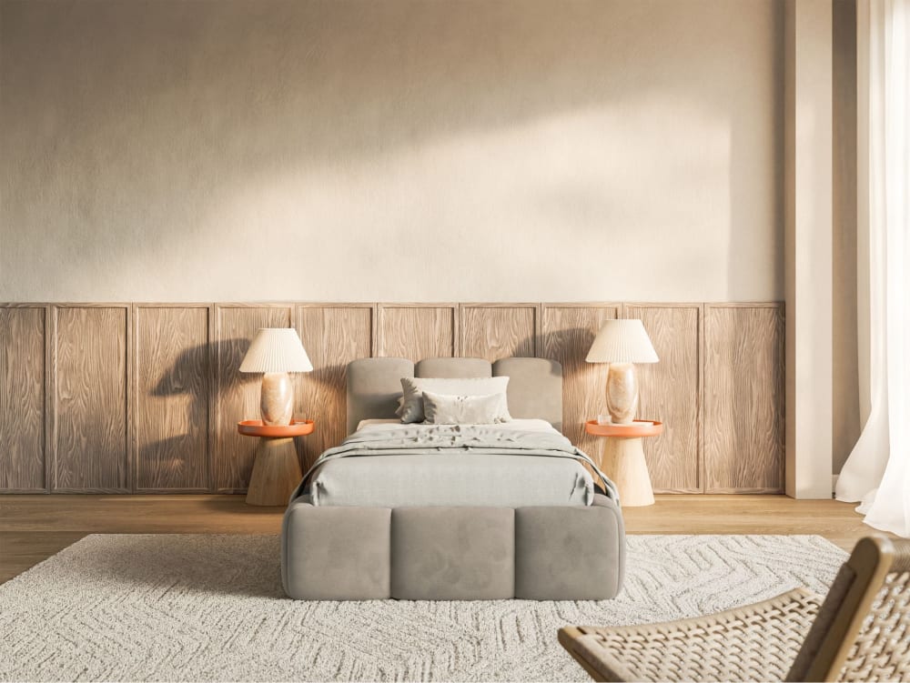 Lit rembourré 90x200 avec coffre, velours beige gris