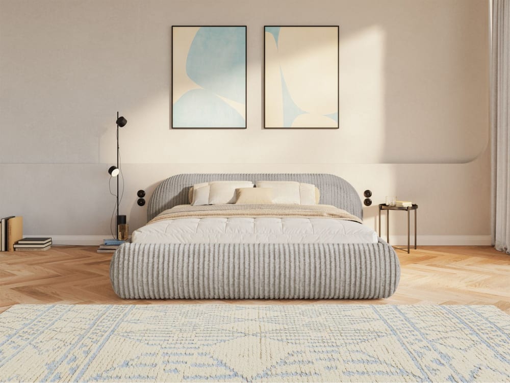 Lit rembourré 140x200, velours côtelé, gris beige