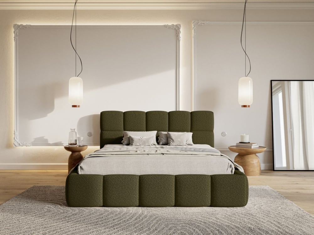 Lit rembourré 120x200, bouclé vert olive
