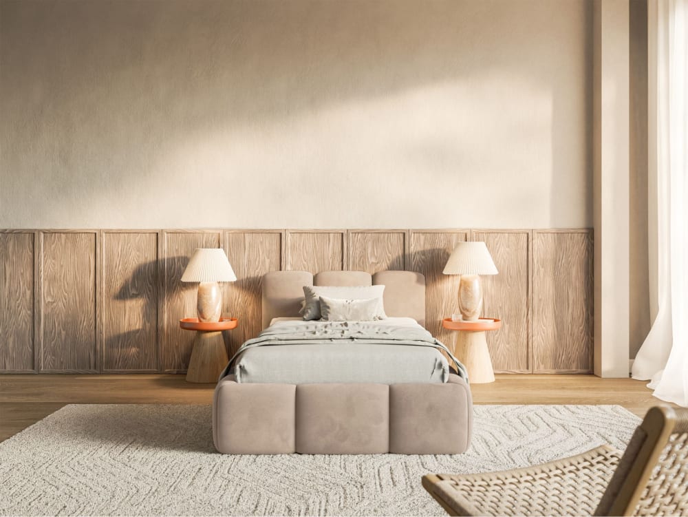 Lit rembourré 90x200 avec coffre, velours beige