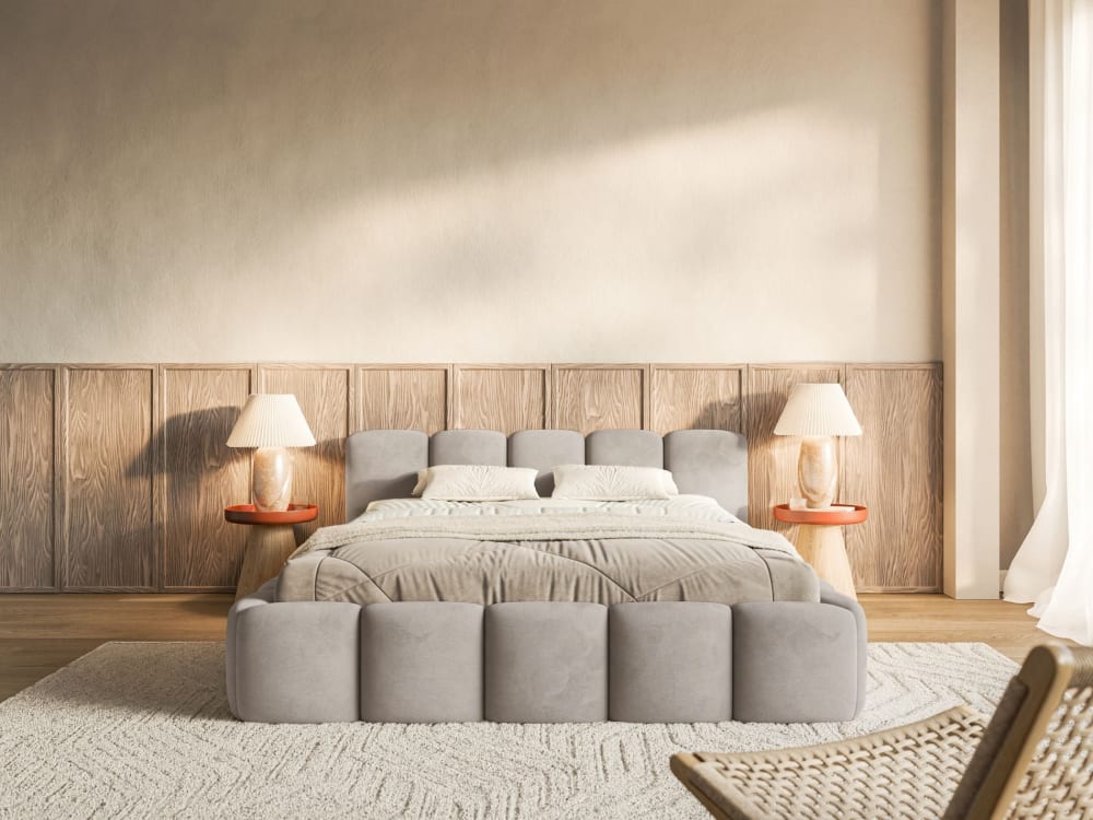 Lit rembourré 120x200 avec coffre, velours gris clair