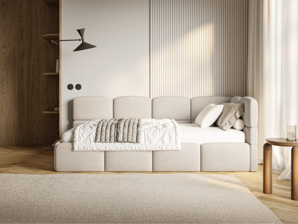 Lit ado 120x200, tête de lit à droite, matelas, chenille crème