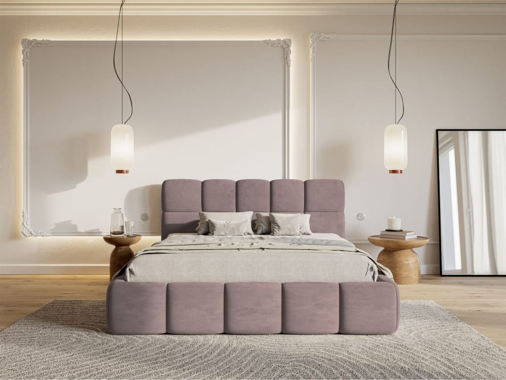 Lit rembourré 120x200 avec coffre, bouclé rose clair
