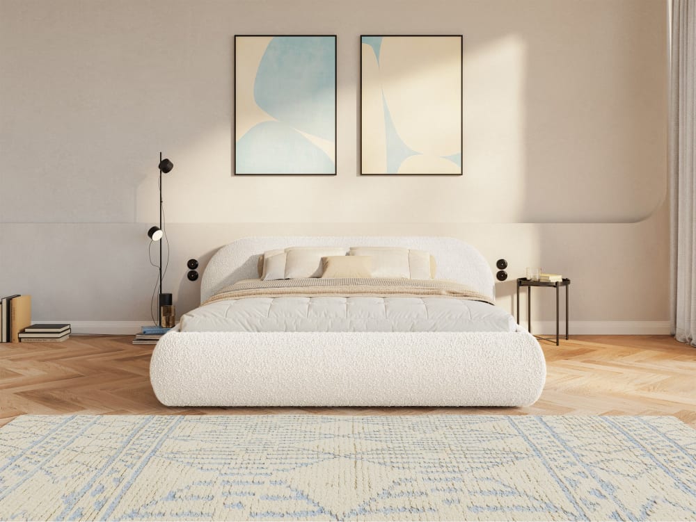 Lit rembourré 160x200 avec coffre, bouclé, crème