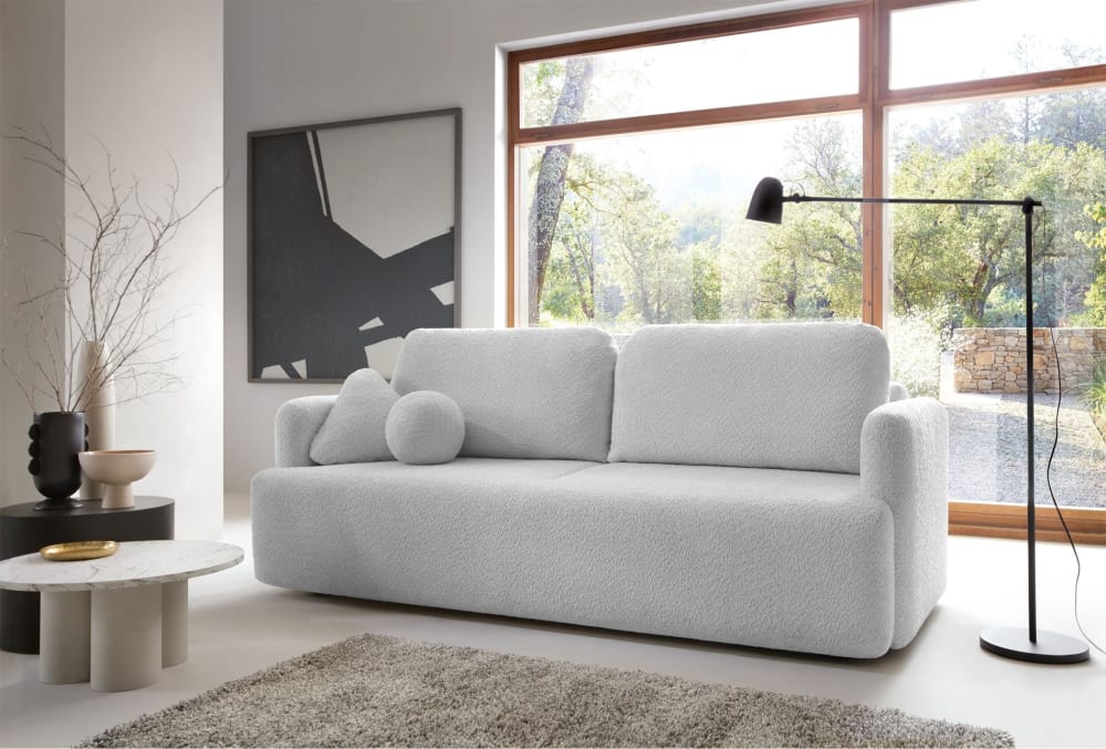 Canapé 3 places convertible avec coffre, bouclé, gris clair