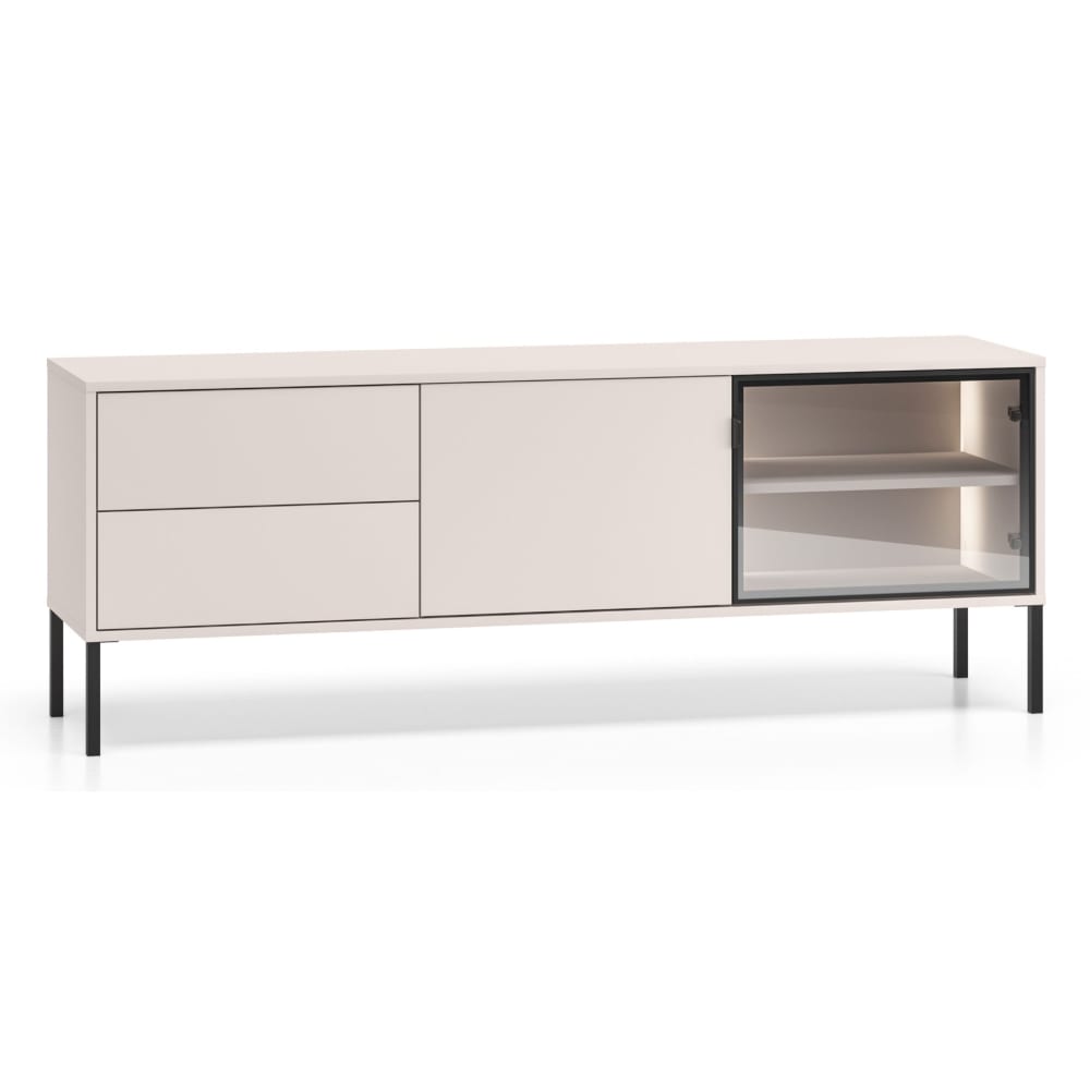 Selsey TV-Lowboard mit beleuchteter Glasvitrine, Kaschmirgrau, 160 cm Taupe Spanplatte