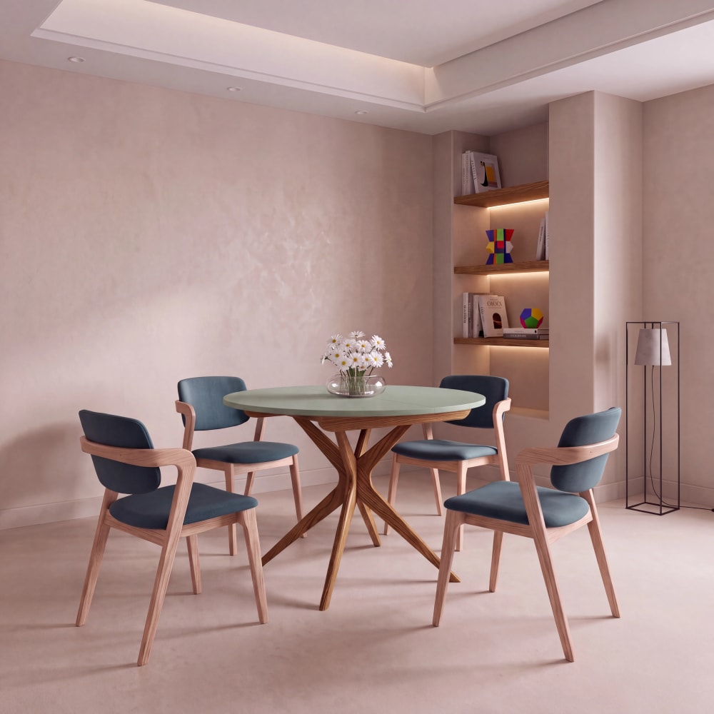 Runder Ausziehtisch, eichefarbe Esche, MDF, Salbeigrün - Maisons