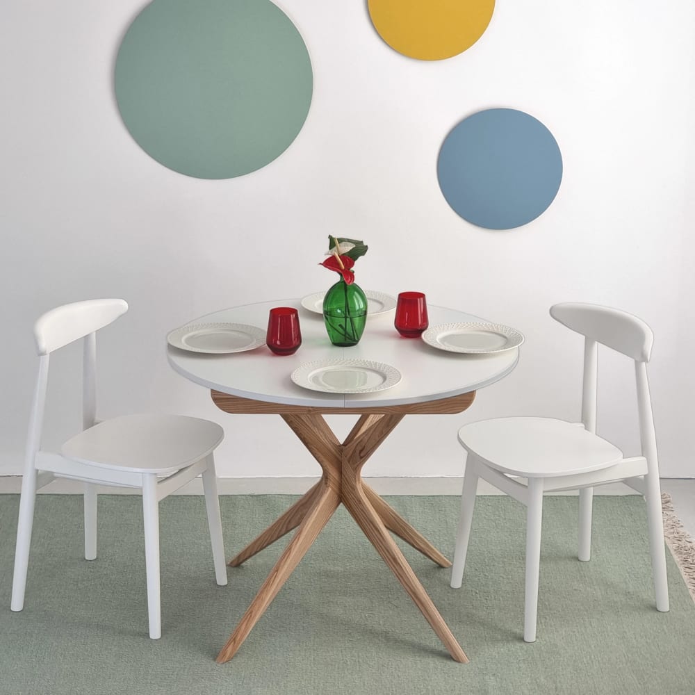 Ragaba Runder Ausziehbarer Esstisch, Massivesche, MDF, Weiß style modern Weiß Holz