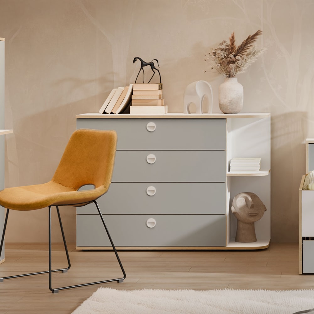 Kommode mit Schubladen aus Holz, 116x42x82cm, weiß, grau, Eiche -