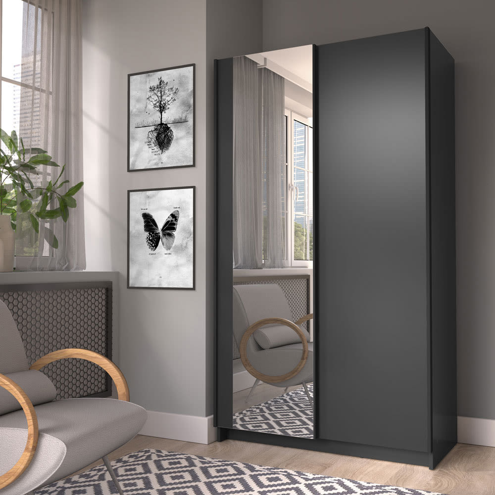 Schwebetürenschrank mit Spiegel aus Holz 100x54x182cm, schwarz -