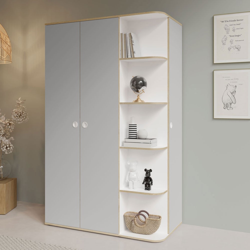 Kleiderschrank mit Eckregal aus Holz 120x60x196,5cm, weiß, grau -