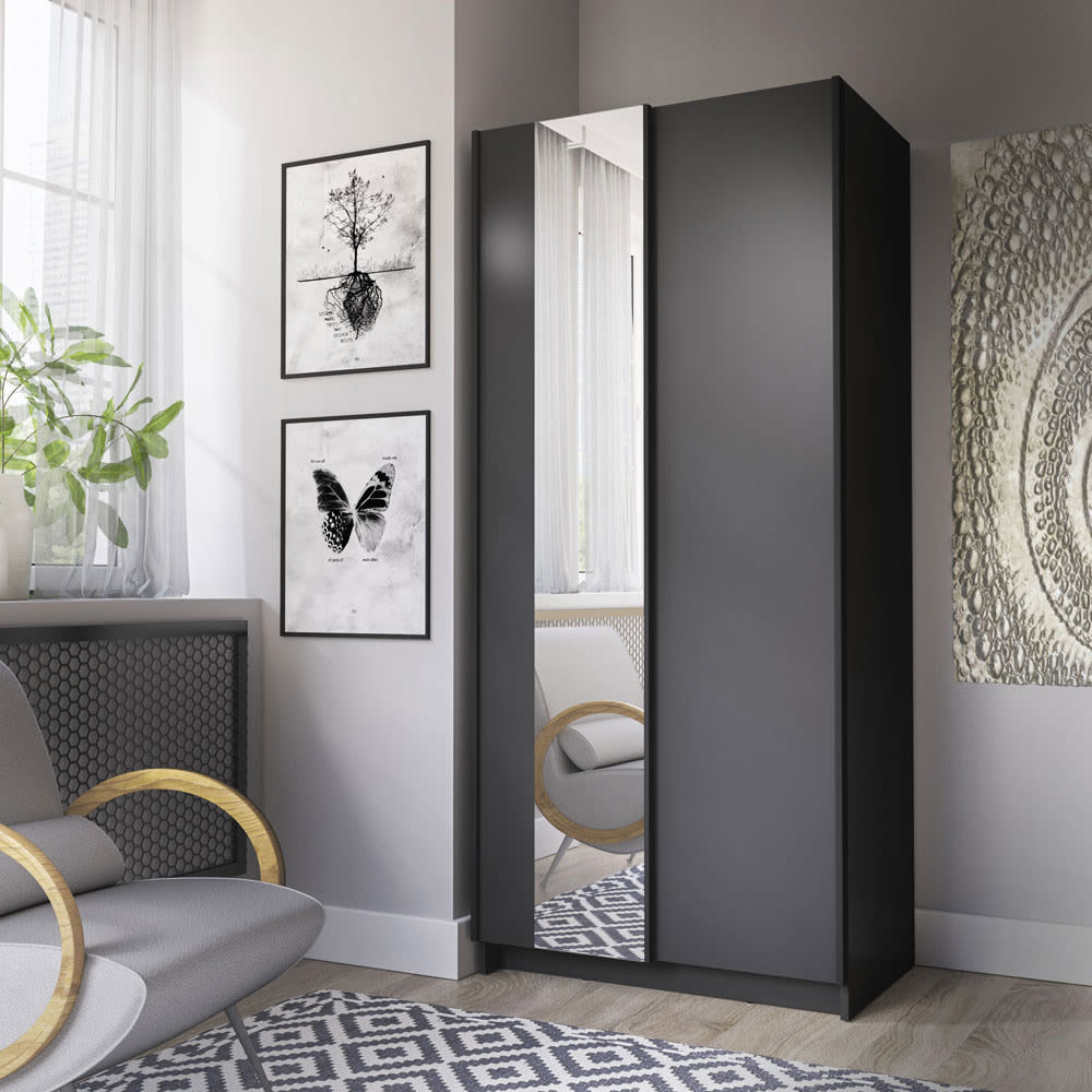 Schwebetürenschrank mit Spiegel aus Holz 80x54x182cm, schwarz -