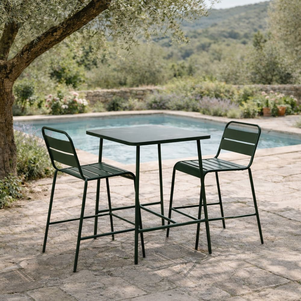 Ensemble table de bar et 2 chaises hautes d'extérieur vert