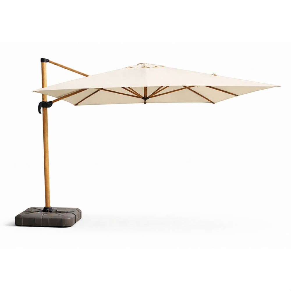 Parasol rectangulaire 3x4m déporté rotatif écru pied effet bois en alu