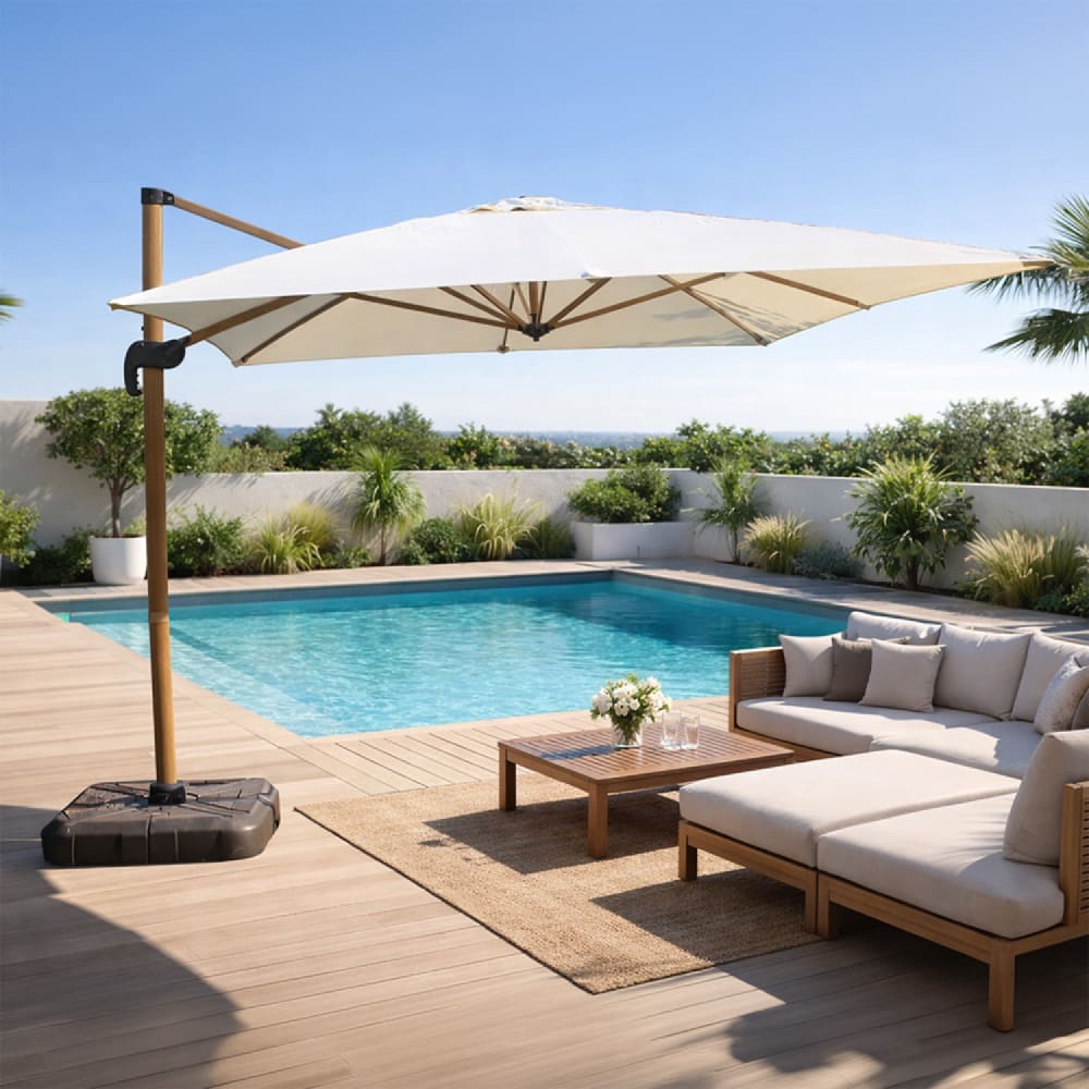 Parasol rectangulaire 3x4m déporté rotatif écru pied effet bois en alu