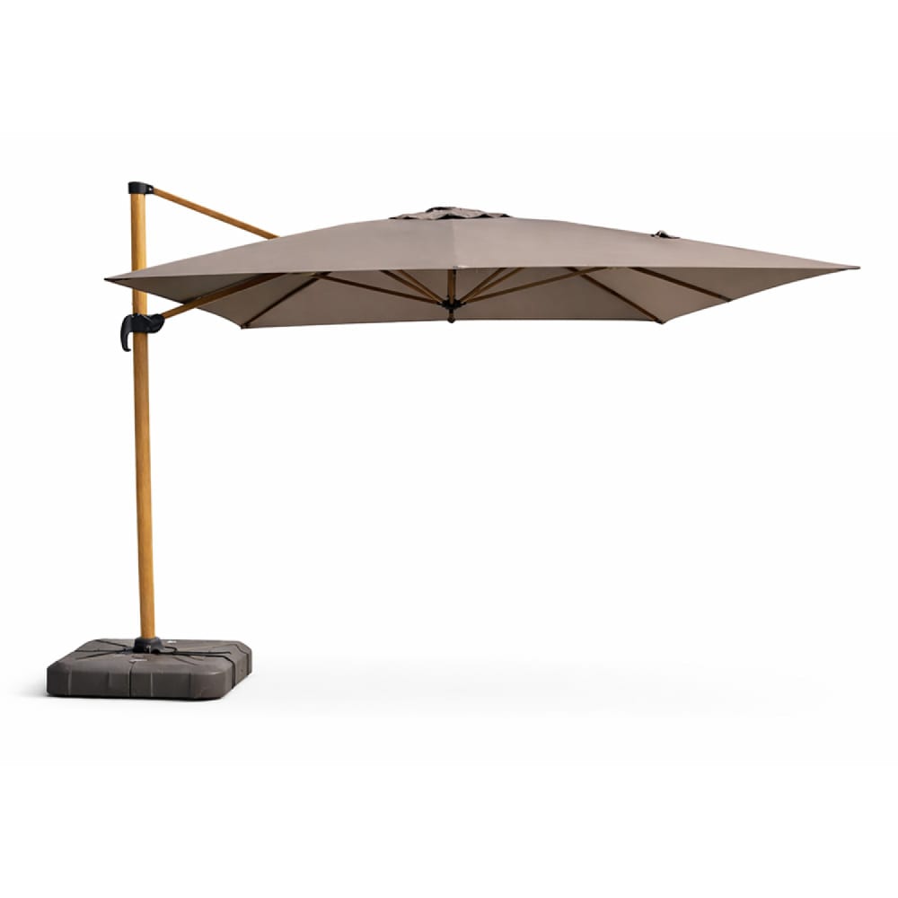 Parasol rectangulaire 3x4m déporté rotatif gris pied effet bois en alu