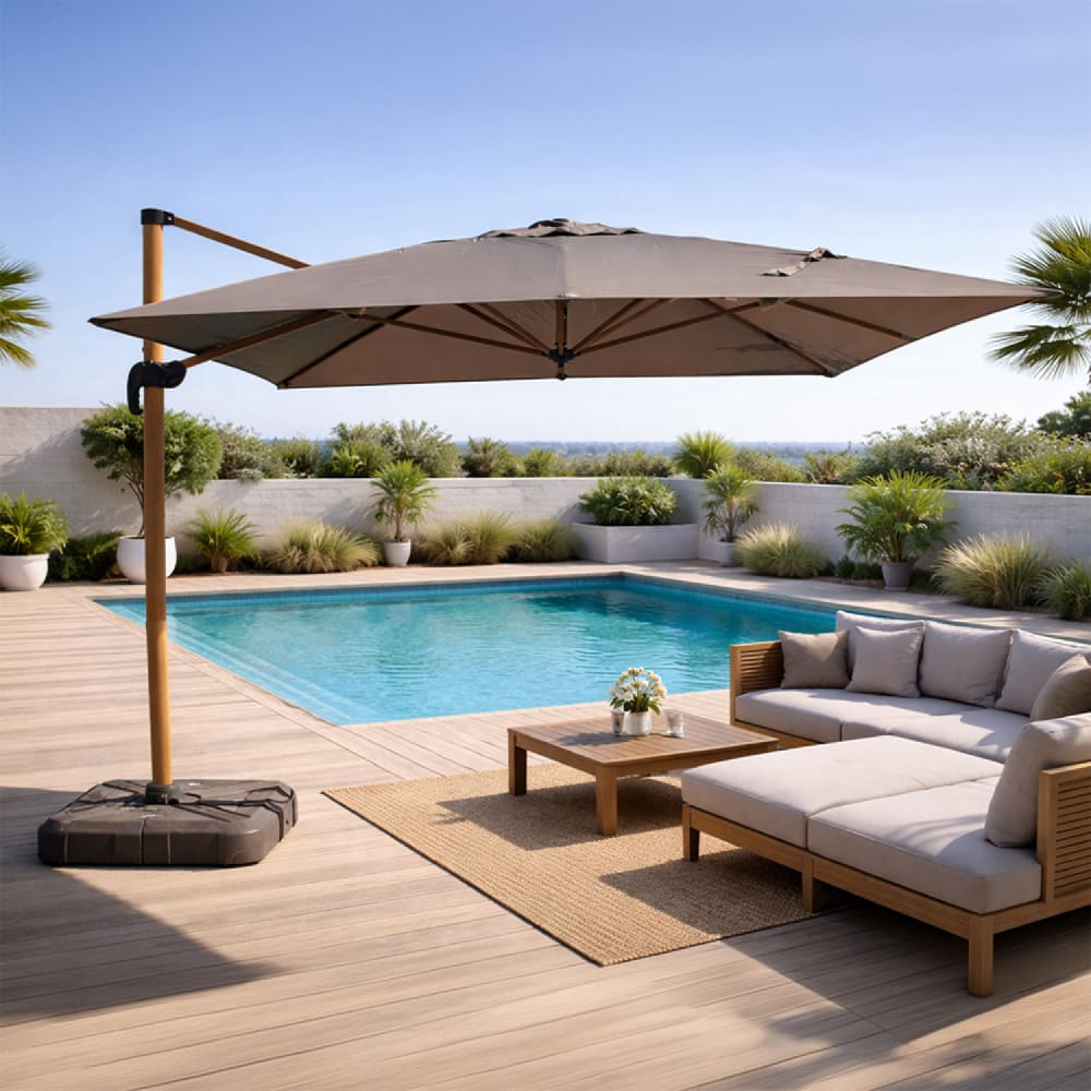 Parasol rectangulaire 3x4m déporté rotatif gris pied effet bois en alu