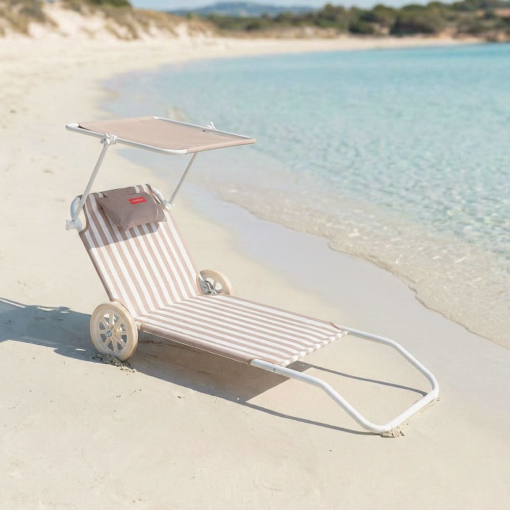 Chaise plage transat pliable parasol polyester beige