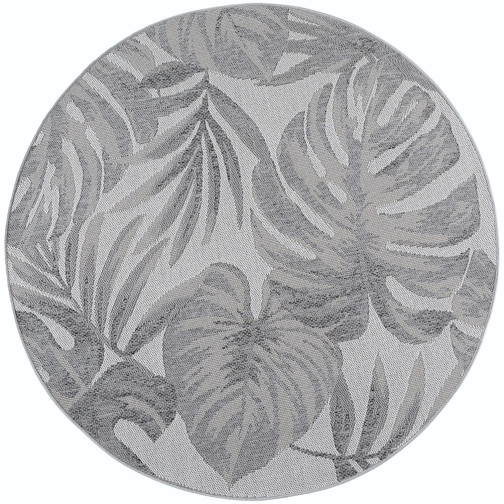 Tapis extérieur rond à motifs plantes gris 120cm