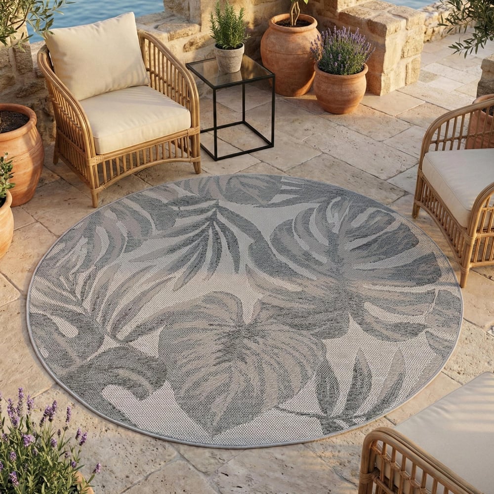 Tapis extérieur rond à motifs plantes gris 120cm — vue 3