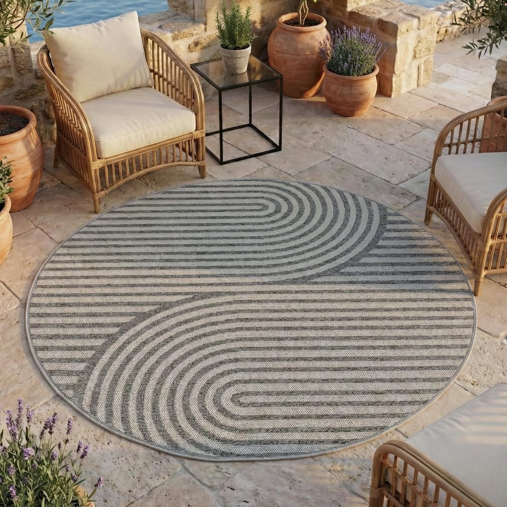 Tapis extérieur rond à motifs géométriques gris 160cm — vue 3