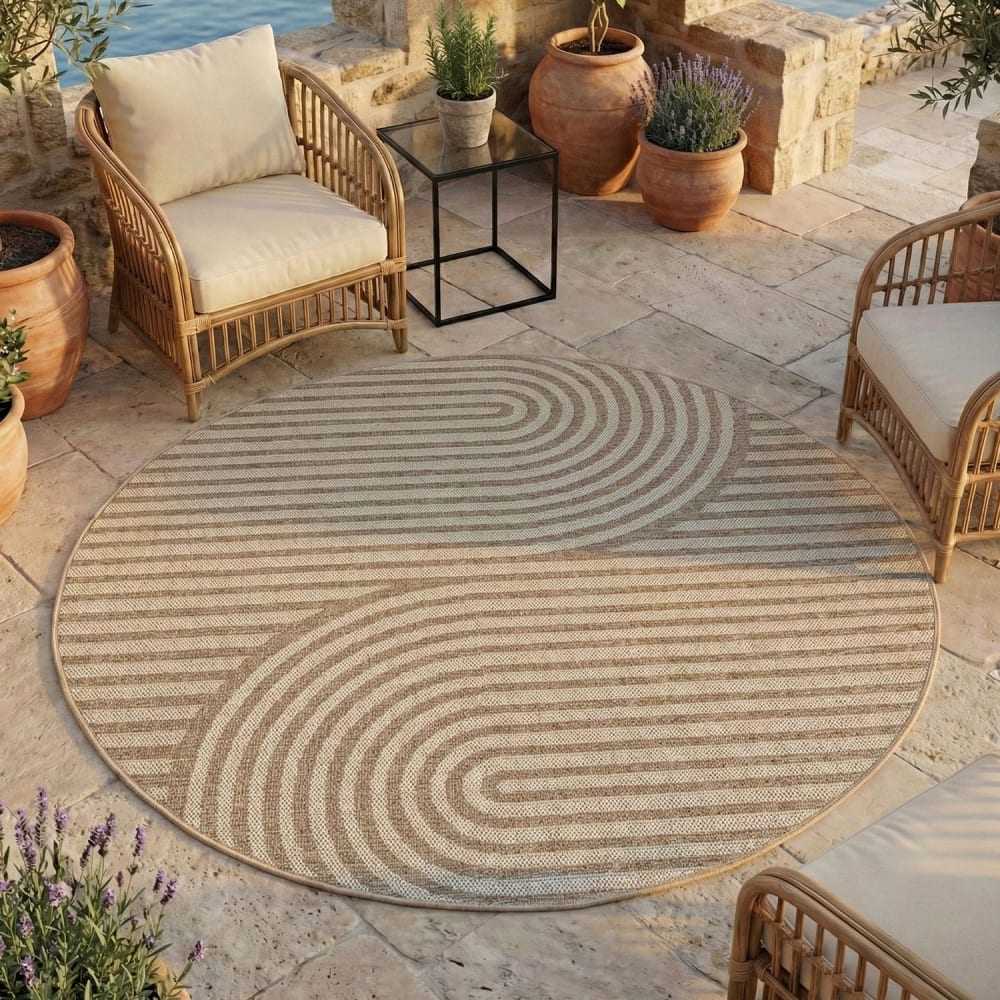 Tapis extérieur rond à motifs géométriques beige 160cm — vue 3