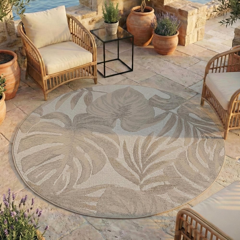 Tapis extérieur rond à motifs plantes beige 200cm — vue 3