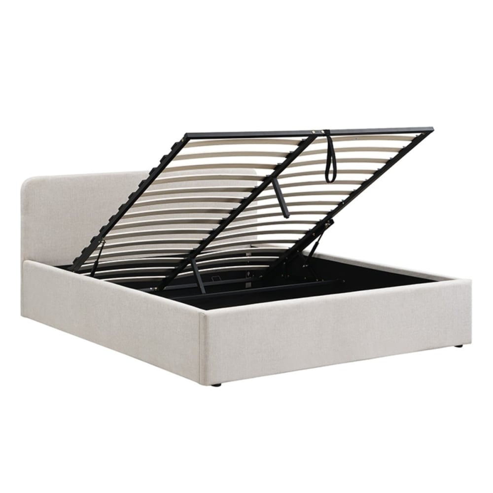 Lit coffre 160x200 cm avec tête de lit en tissu beige chiné