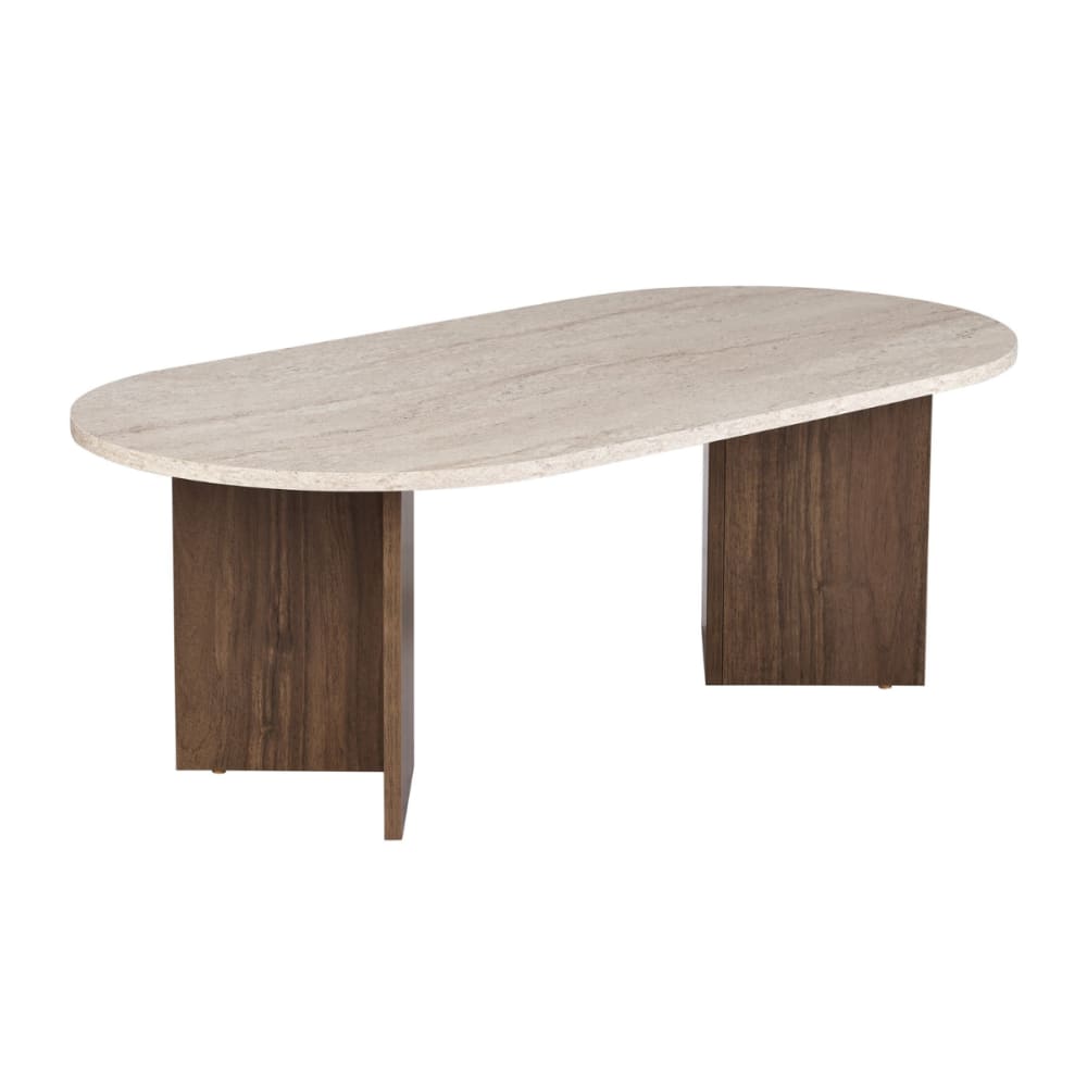 Table basse ovale - L119 cm - Effet Travertin et noyer