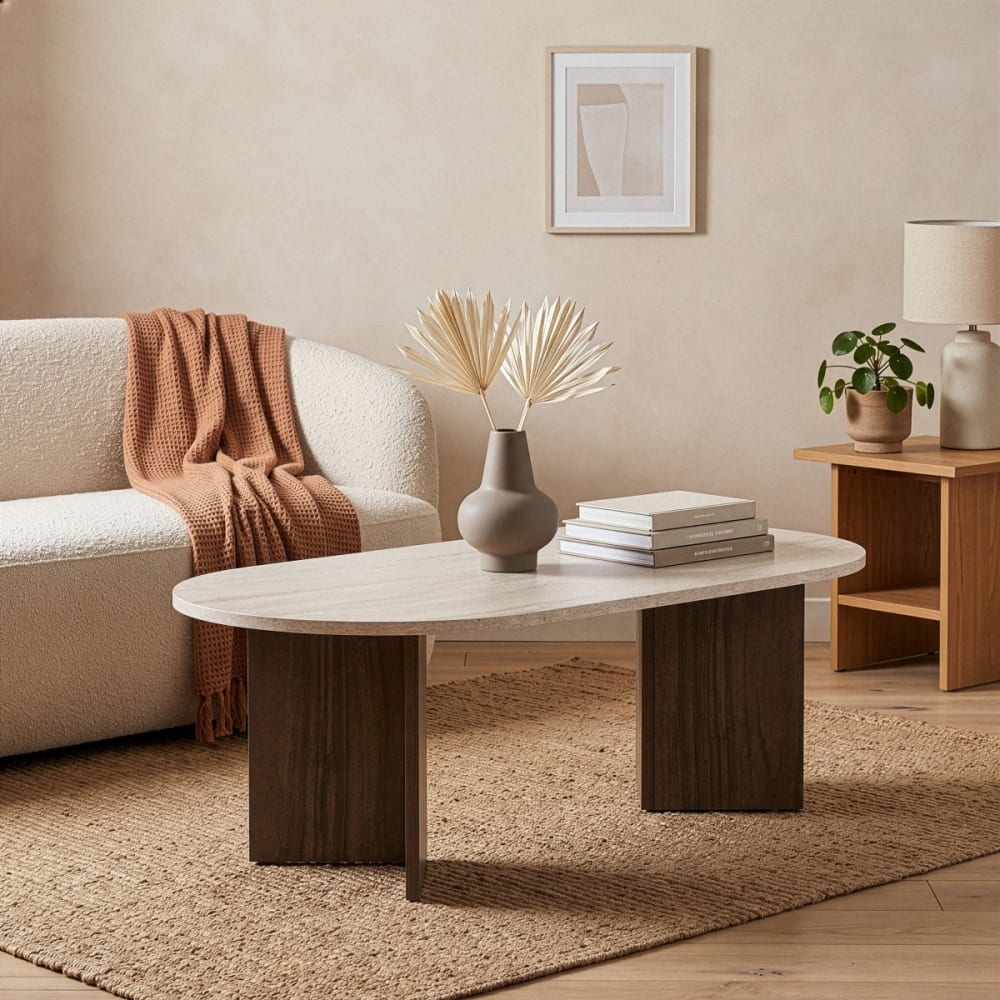 Table basse ovale - l119 cm - travertin/ noyer