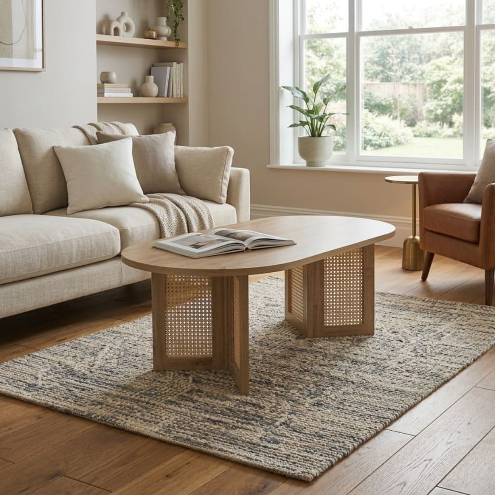 Table basse ovale avec piètements rotin l120 cm