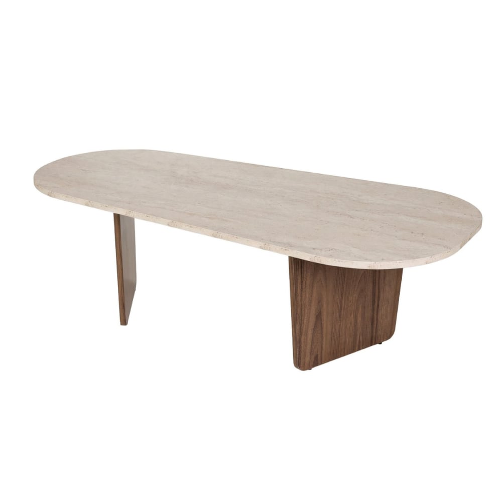 Table basse avec plateau arrondi L130 cm - Effet Travertin et noyer