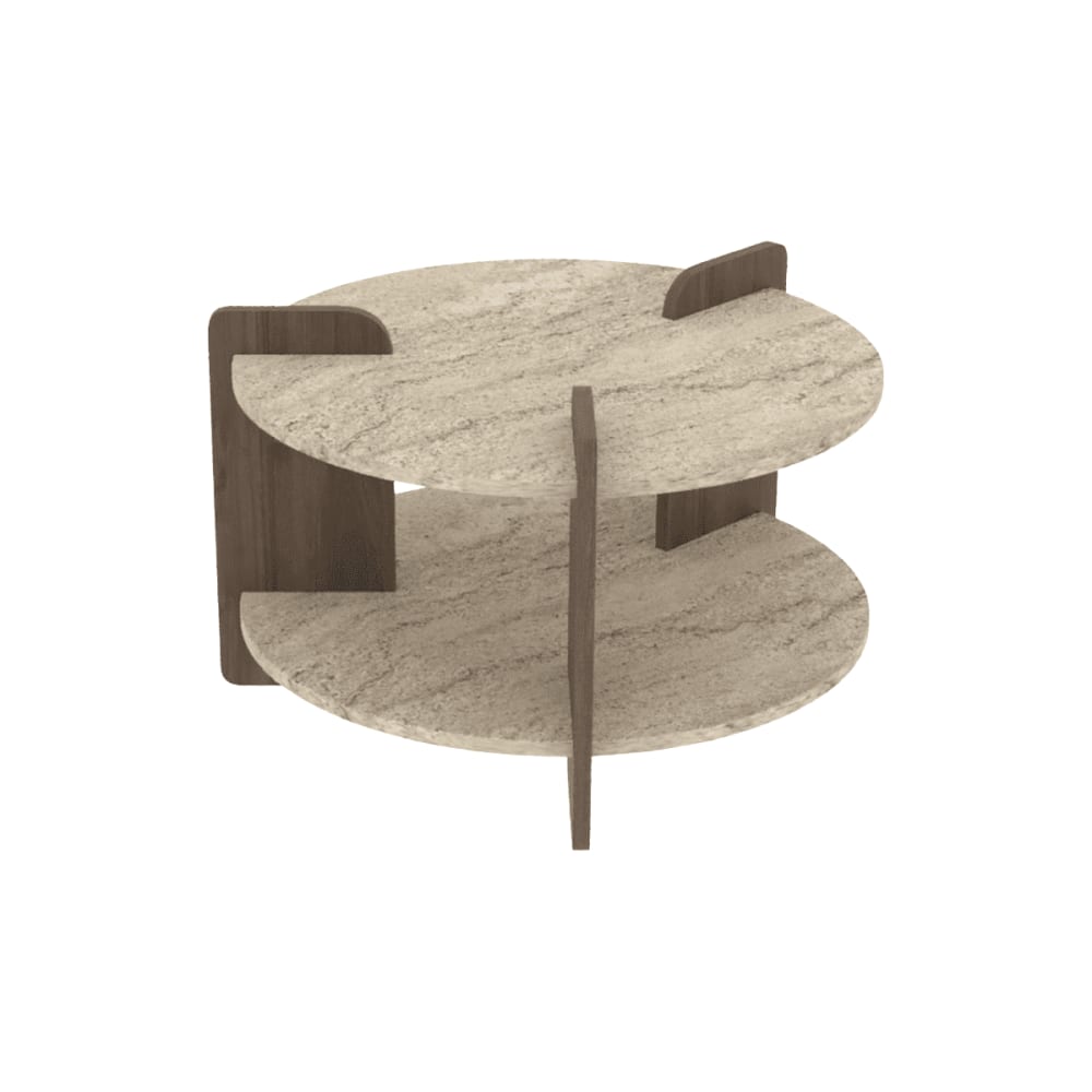 Table basse ronde double plateau D70 cm - Effet Travertin et noyer