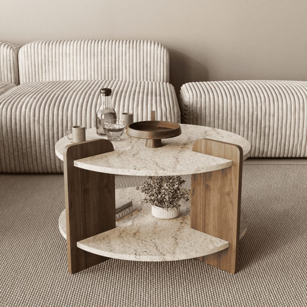Table basse ronde double plateau d70 cm - effet travertin et noyer