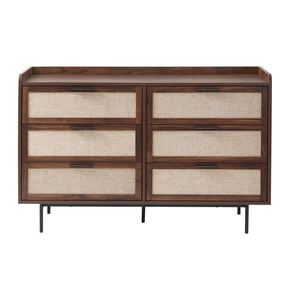Commode décor noyer 6 tiroirs façades en tissu véritable L120 cm
