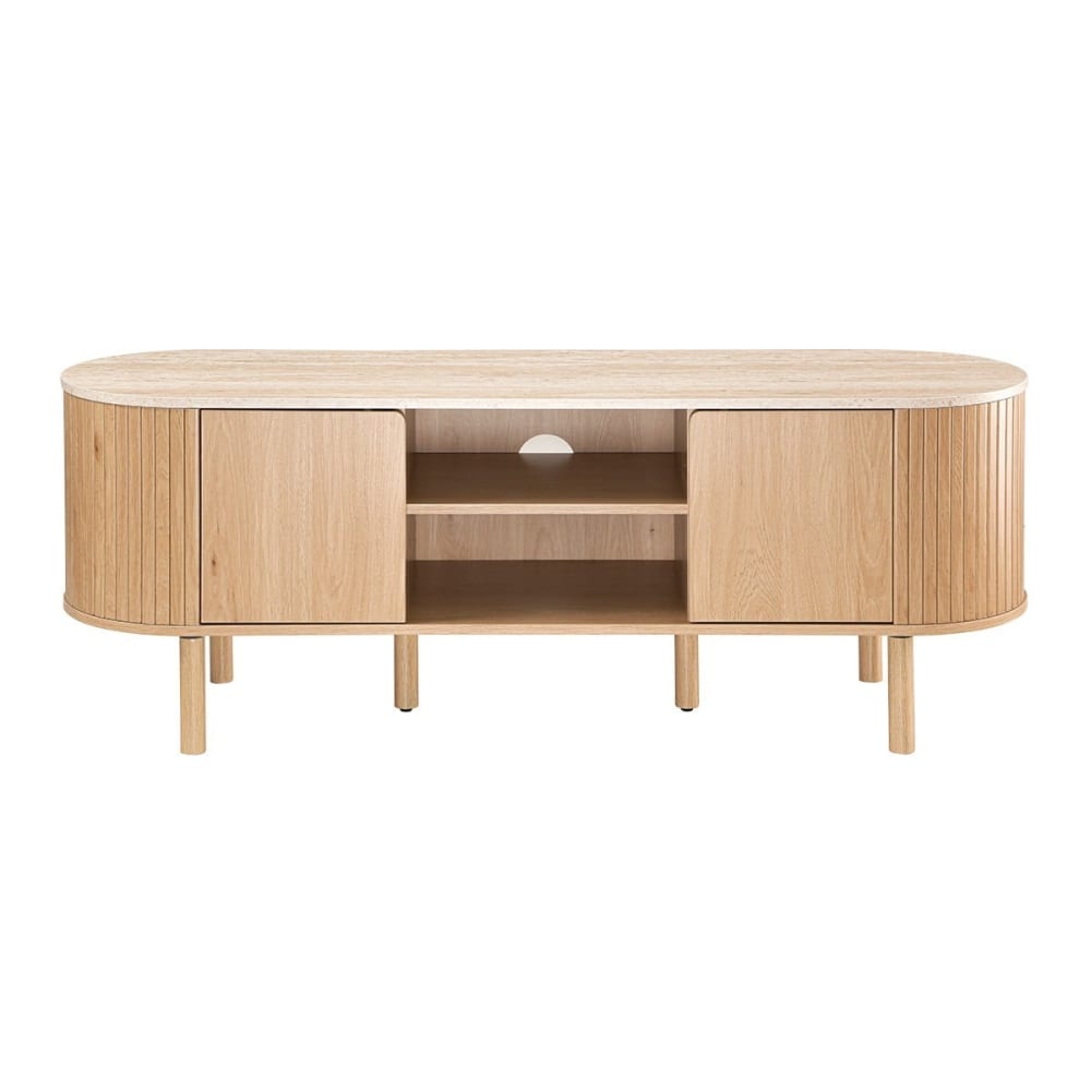 Meuble TV 2 portes avec plateau effet travertin L140 cm