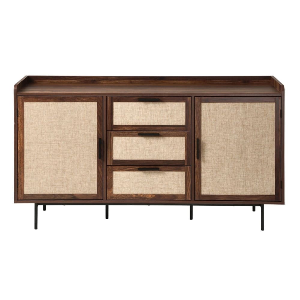Buffet décor noyer 2 portes, 3 tiroirs façades en tissu L140 cm