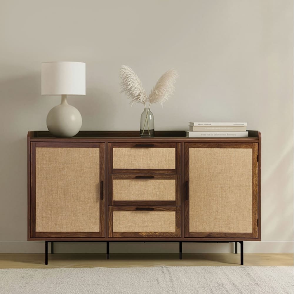Sideboard Nussbaumdekor 2 Türen 3 Schubladen Fronten aus Stoff