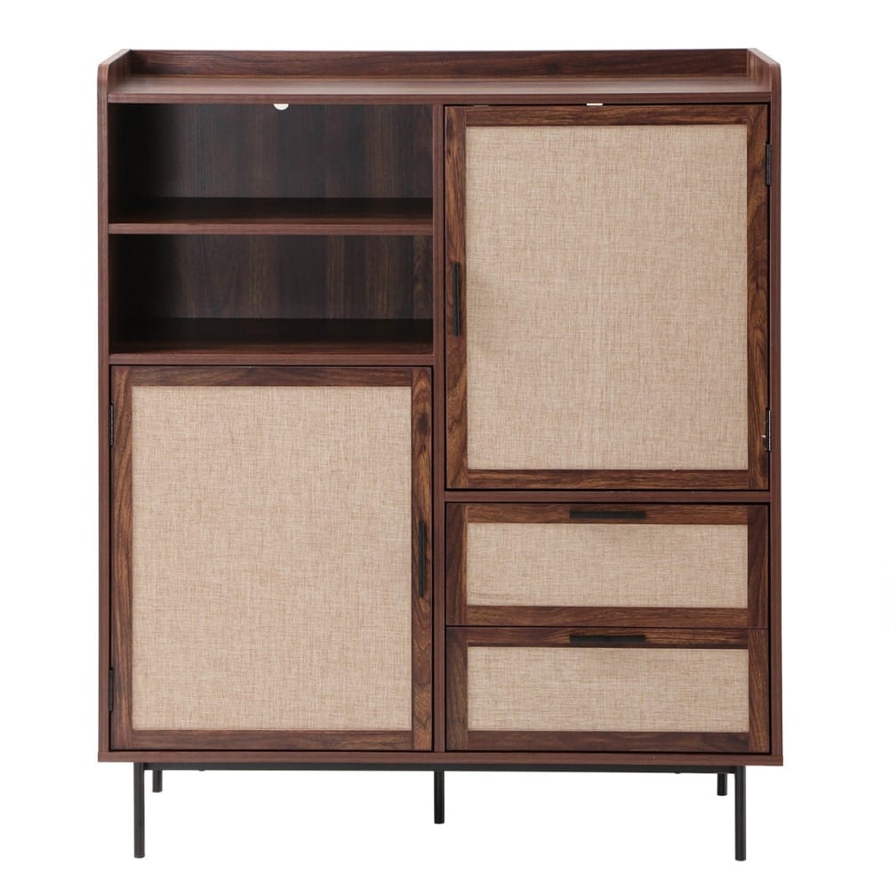 Buffet haut 2 portes 2 tiroirs décor noyer et façades tissu H120 cm