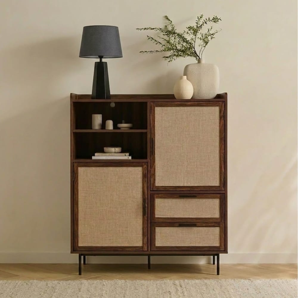 Highboard 2 Türen 2 Schubladen aus Textil und Walnuss-Dekor H120