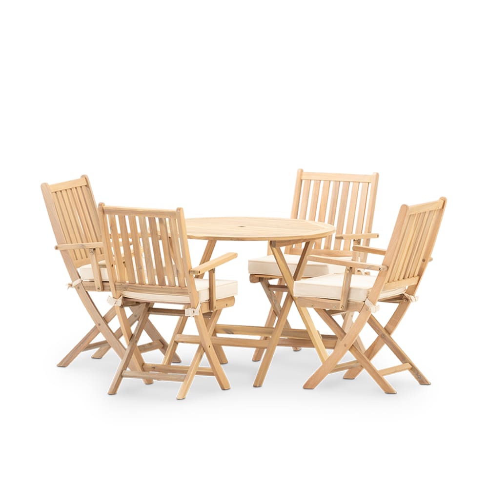 Ensemble table pliante ronde 90cm + 4 fauteuils avec coussins