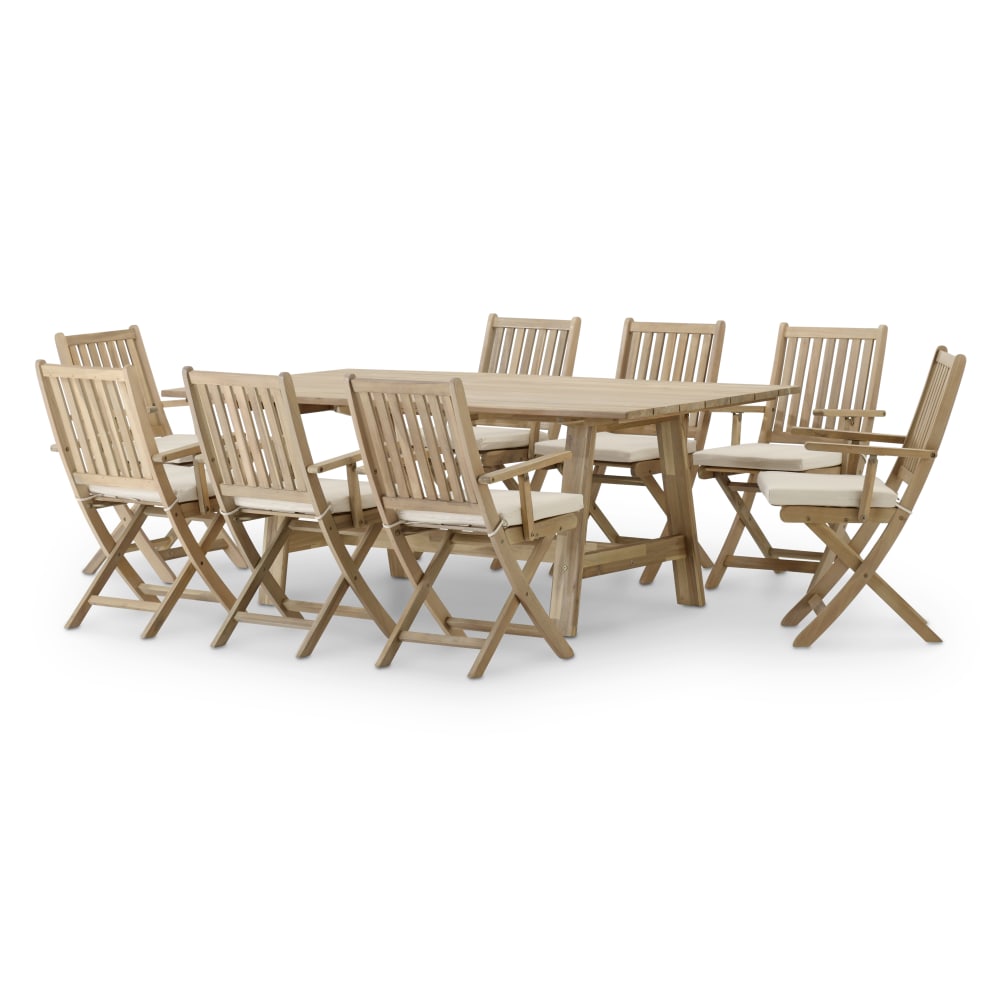 Ensemble table fixe larges lattes 200x100 + 8 fauteuils avec coussin