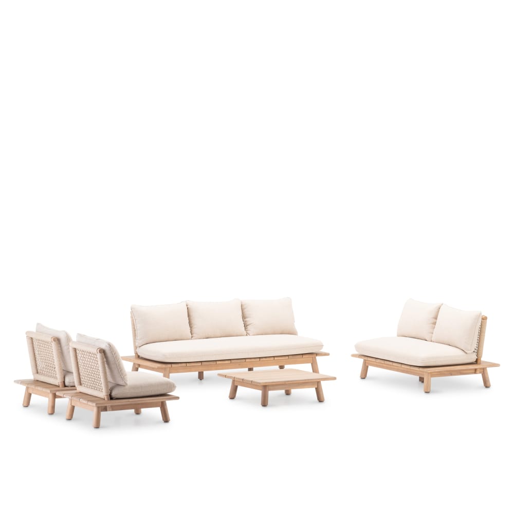 Salon de jardin 7 places en bois et corde en filet beige