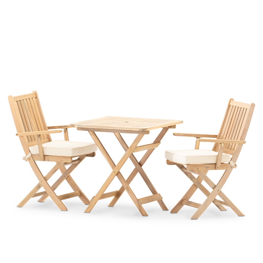 Balcon terrasse table pliante 70x70 + 2 fauteuils avec coussins