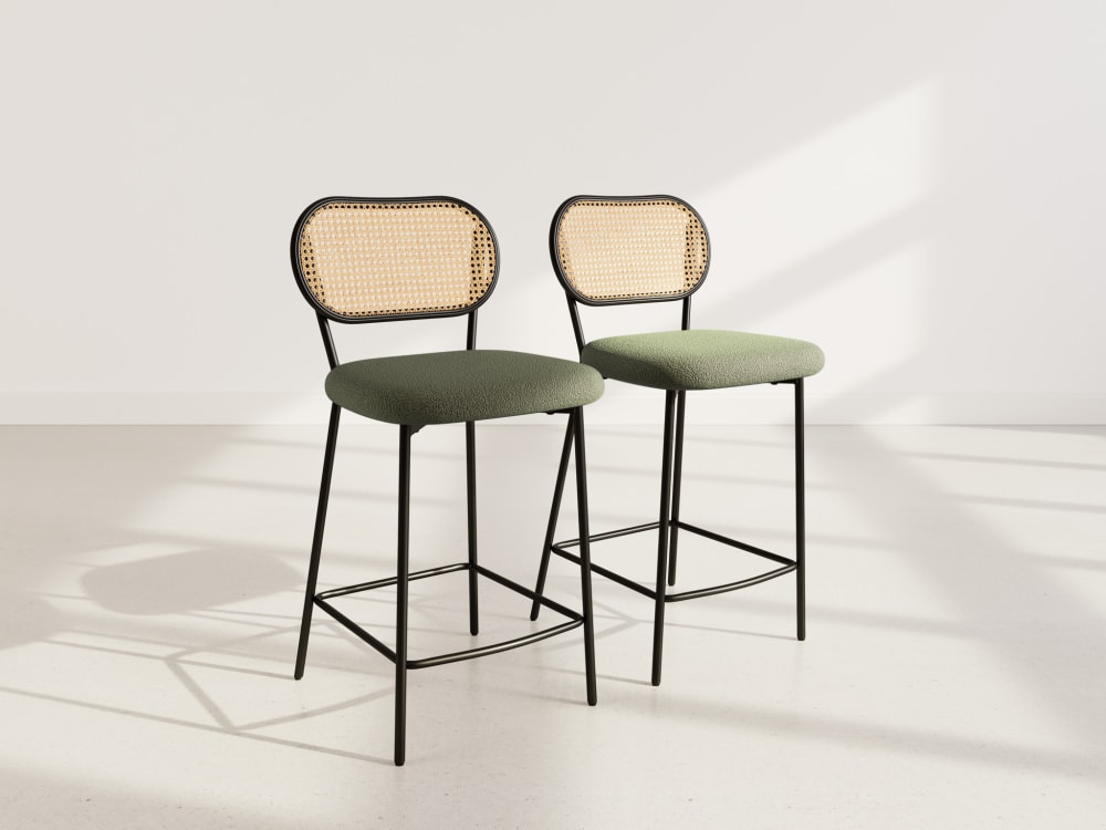 Lot de 2 tabourets vintage en tissu bouclette vert kaki