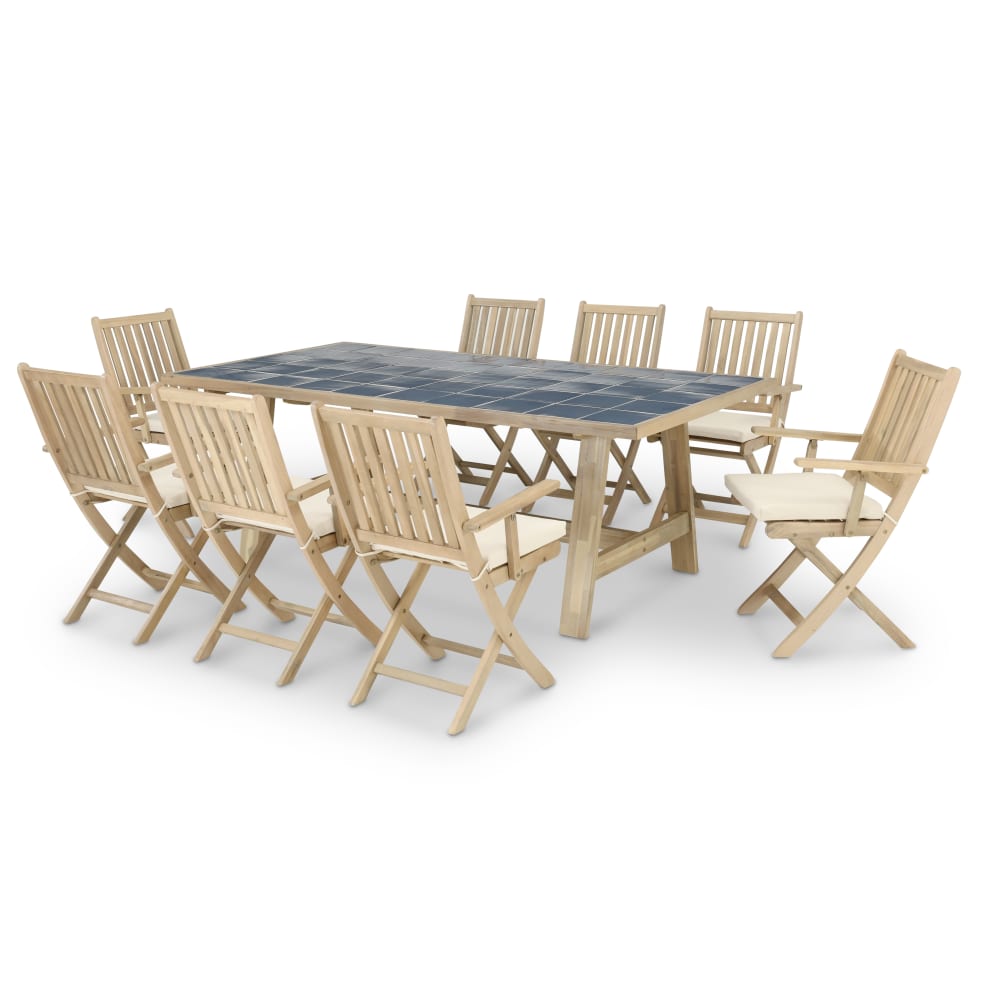 Ensemble table céramique bleue 205x105 + 8 fauteuils avec coussins