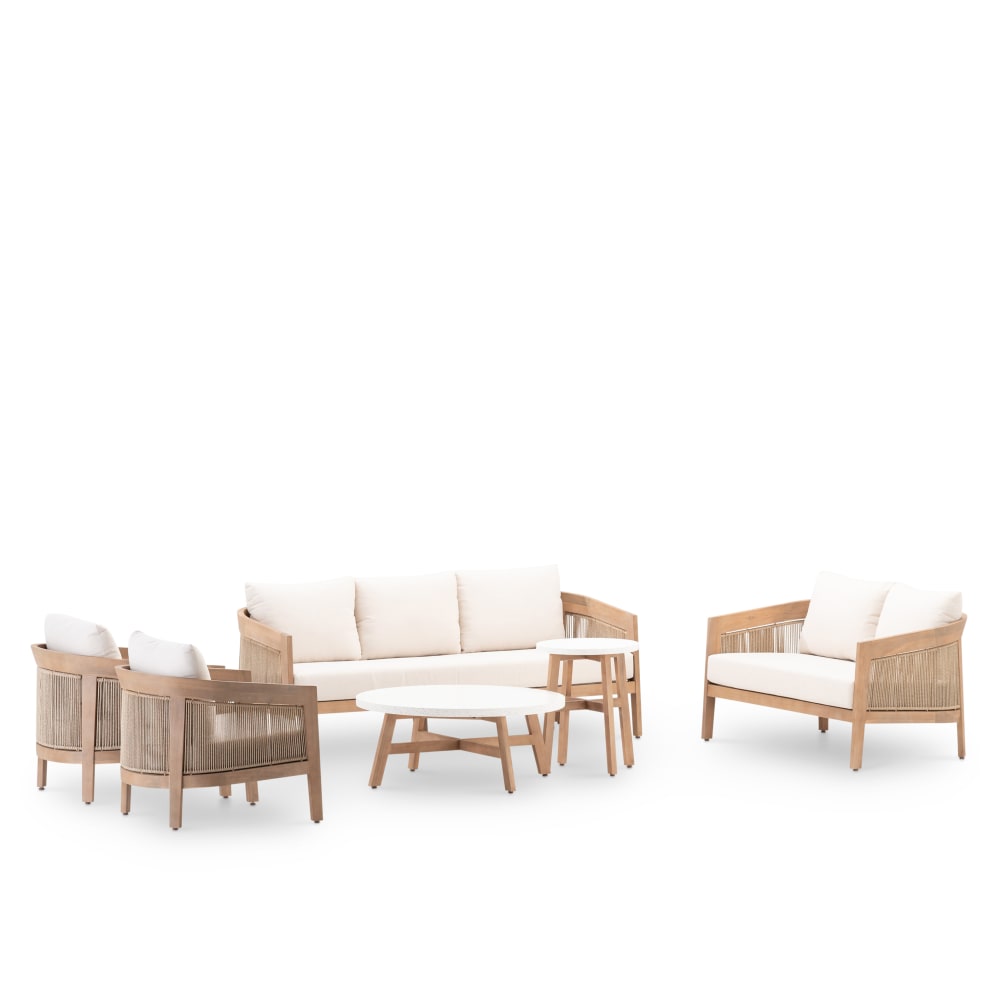 Salon de jardin 7 places en bois avec 2 tables en terrazzo