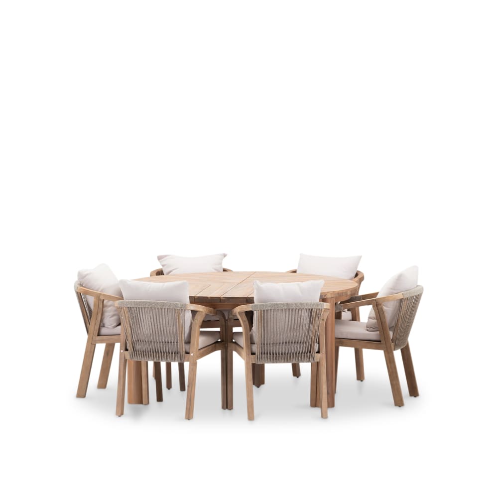 Set de table ronde 150 cm et 6 chaises en bois et corde