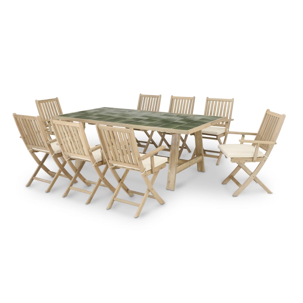 Ensemble table céramique verte 200x100 + 8 fauteuils avec coussins