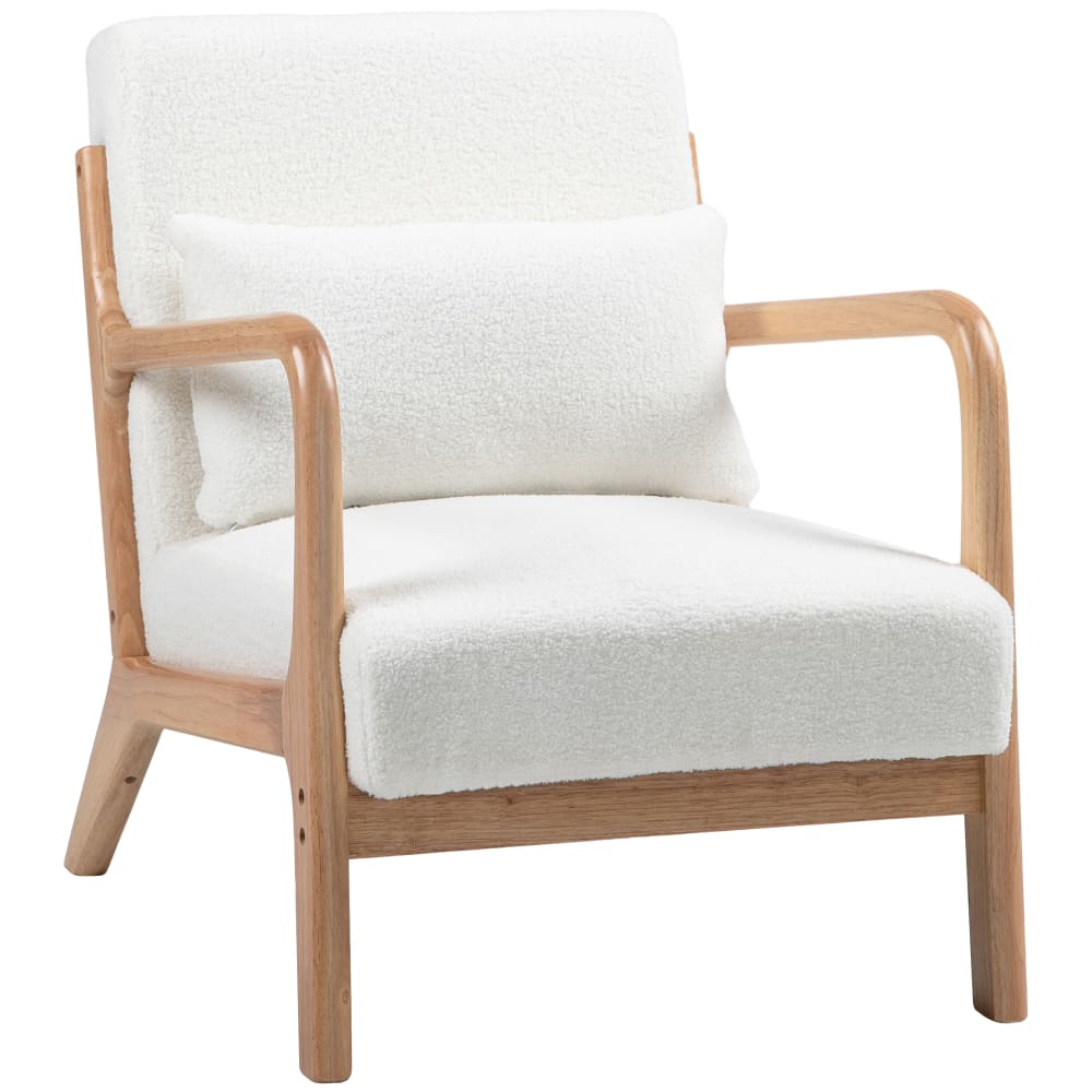 Fauteuil lounge 3 coussins bois hévéa effet laine bouclée blanc